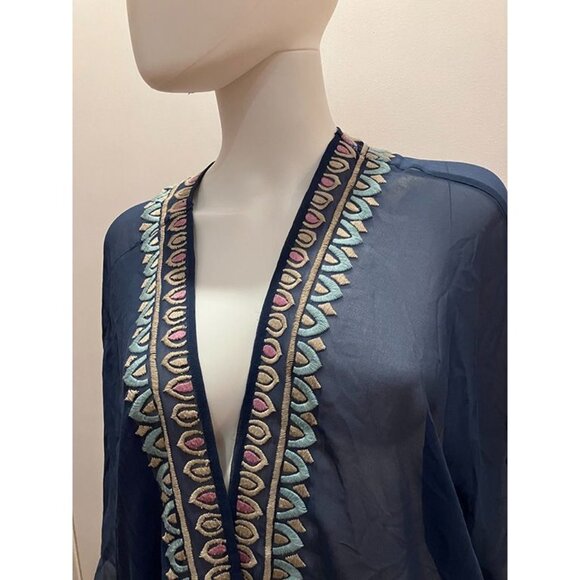 Anthropologie brand Lorimer NYC Deep blue chiffon embroidered kimono top, OS - Picture 3 of 5